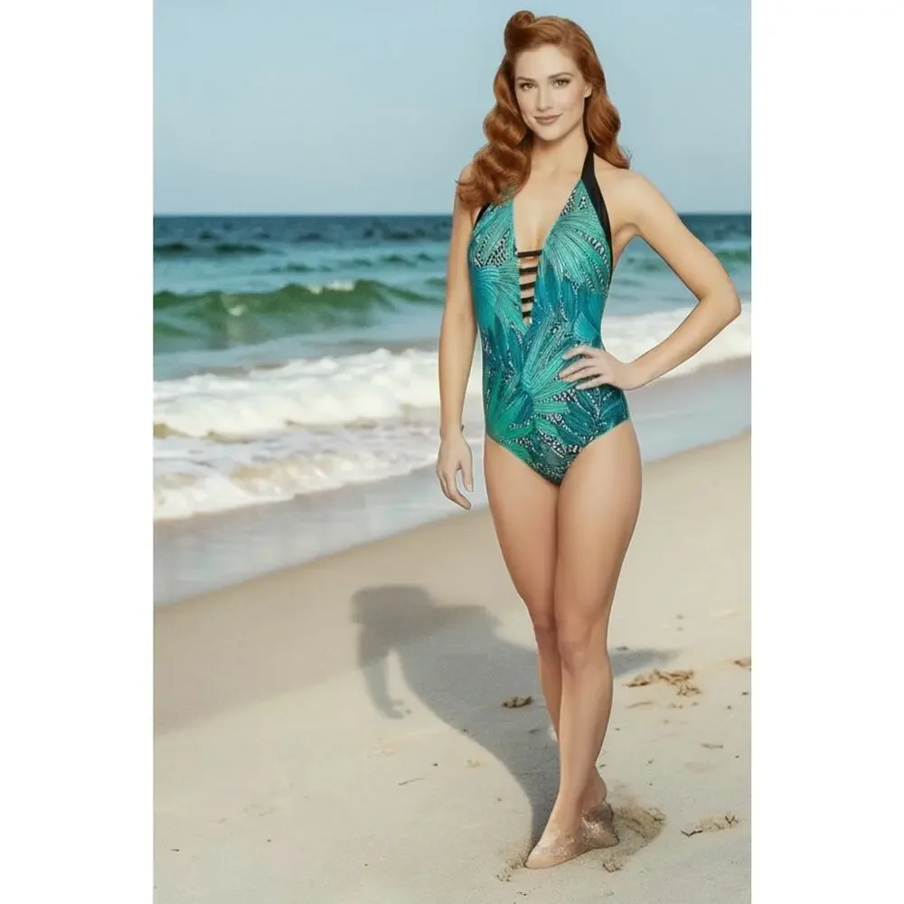 Jantzen Tropical Leaf Halter One Piece Swimsuit Ladder Plunge Size 12